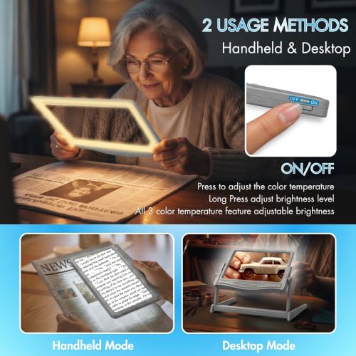 MAGNIPROS 5X LED Page Magnifying Glass, Detachable Stand, 3 Color Modes - color: Gray