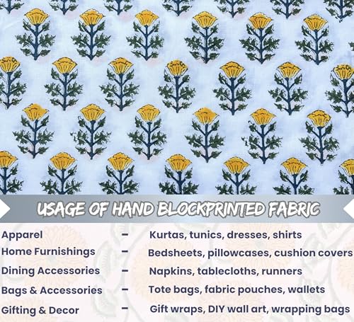 100% Cotton Fabric by the Yard, Hand Block Print Fabric for Sewing RB-116 - color: Rb-116 Yellow, size: 1 Yard pre cut