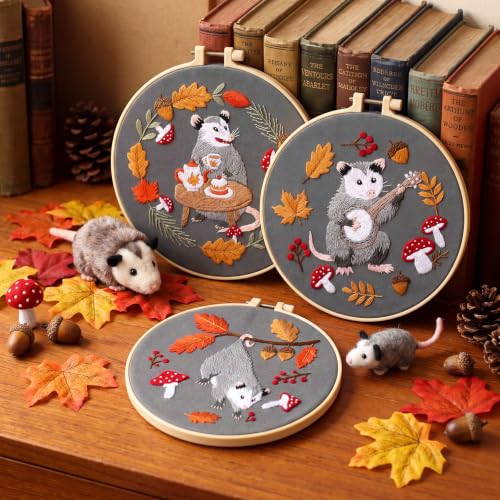 Mindsoft 3 Set Needlepoint Kit for Beginners with Hoop,Autumn Possum - style: Autumn Possum