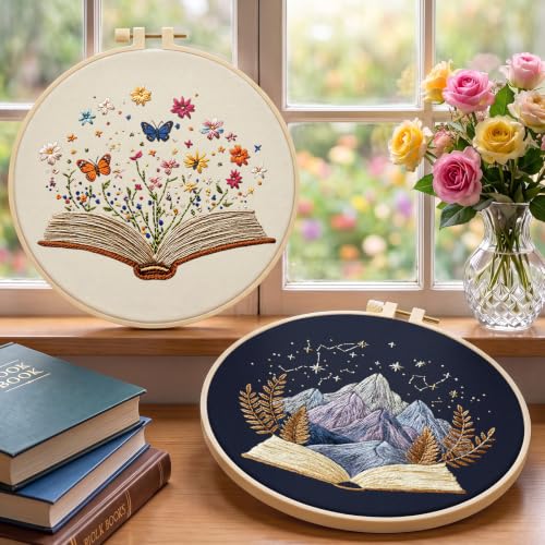 ERKOON Embroidery Kit for Beginners, 2 Set Floral Cross Stitch Set Include Embroidery Cloth Hoops Threads for Craft Lover Hand Stitch with Embroidery Skill Techniques (Book) - color: Book