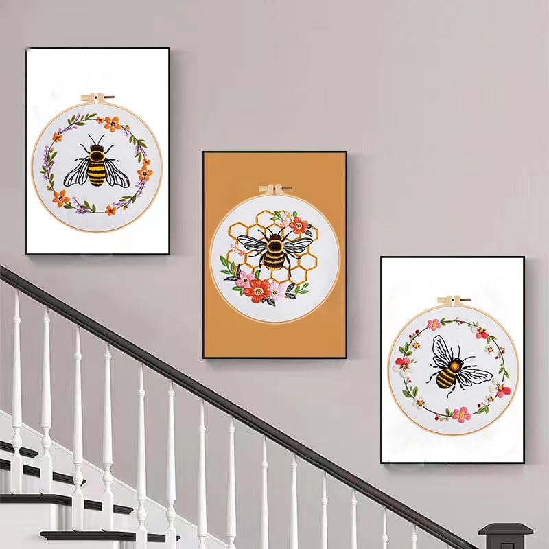 Konrisa Embroidery Kits for Adults Beginner, European Style Bees Collect Honey Stamped Embroidery Starter Kit,DIY Sewing Practice, Needlepoint Cross Stitch Kit,Set of 3 - color: bee