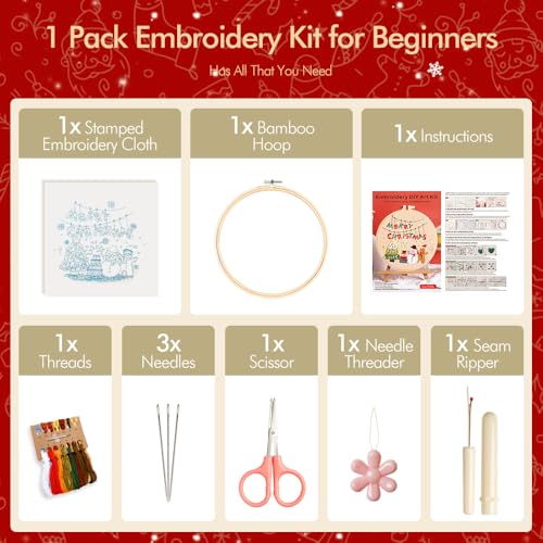 wtisan Christmas Embroidery Kit, Cross Stitch Kits for Beginners, Needlepoint with All Tools & Instructions, Stamped Hand Embroidery Starter Kit for Holiday Crafts & Xmas Home Decor, W17 - color: W17, size: 1 Pack