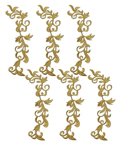 6 Pieces Metallic Leaves Embroidered Iron on Patch Flower Vine Border Lace Applique Long Scroll Motif for Dress Pillow Sewing Accessories Embellishment (Gold) - color: Gold