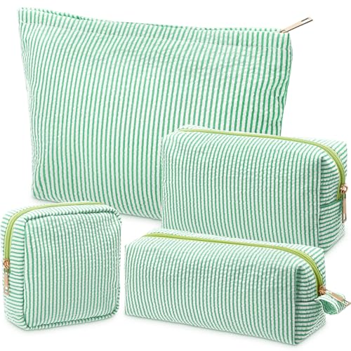 Sanwuta 4 Pcs Seersucker Pouch Striped Makeup Bag Set, Green - color: Green