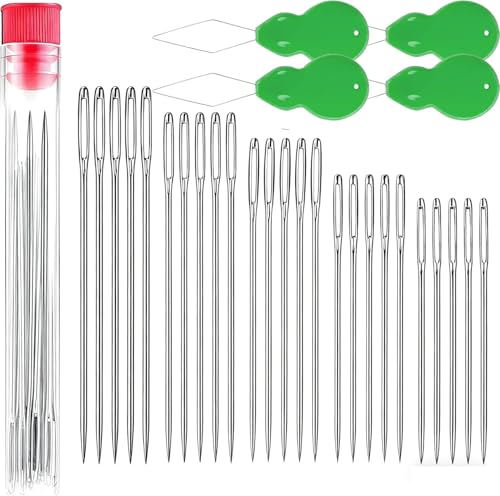 50 pcack Large Eye Hand Sewing Needles Set, 5 Sizes Stainless Steel with Threader - Big Eye Embroidery Quilting Leather Upholstery Beading Needles for Crafts DIY