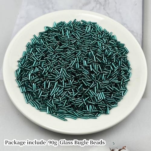 90g Glass Bugle Beads 7x2mm Embroidery Tube Glass Spacer Bulk Small Craft Long Beads for Necklaces Bracelets Earrings DIY Jewelry Making(Peacock Blue) - color: Peacock Blue