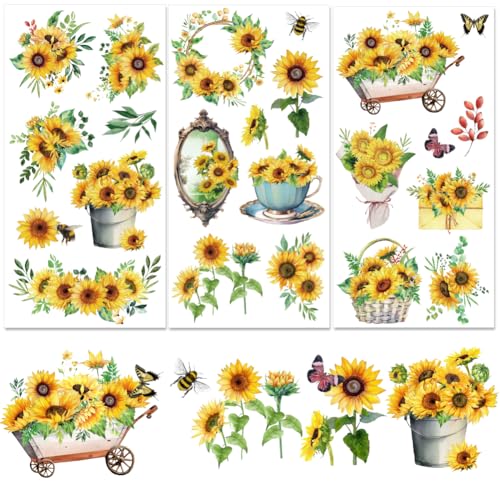 3 Sheets Sunflower Rub on Transfer Waterproof Furniture Transfers Decals Summer Flower Farmhouse Rub on Decals 6 x 12 Butterfly Transfer Stickers for Wood Door Cabinet Craft Home Decor - style: Sunflower