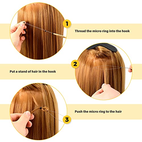 Gomake Hair Extensions Closed and Remover Pliers set, Micro Silicone Rings Beads Hair Extensions Loop Needle Threader Pulling Hook Tool and Bead Device Tool for Hair or Feather Extensions (Gold) - color: Gold