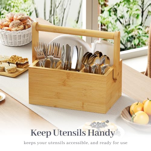 Silverware Caddy with Removable Dividers, Portable Utensil Holder for Party & Picnic, Bamboo Countertop Cutlery Organizer with Handle for Kitchen, RV & Outdoor Events (Natural) - color: Natural