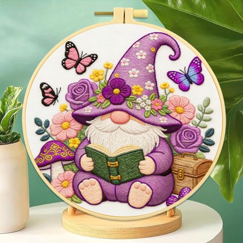 Zhenqing Purple Gnome Reading Book Embroidery Kit, Fairy Garden Craft Set with 20cm Hoop, Printed Design on 29x29cm Cotton Fabric, DIY Whimsical Wall Art (JC0071)