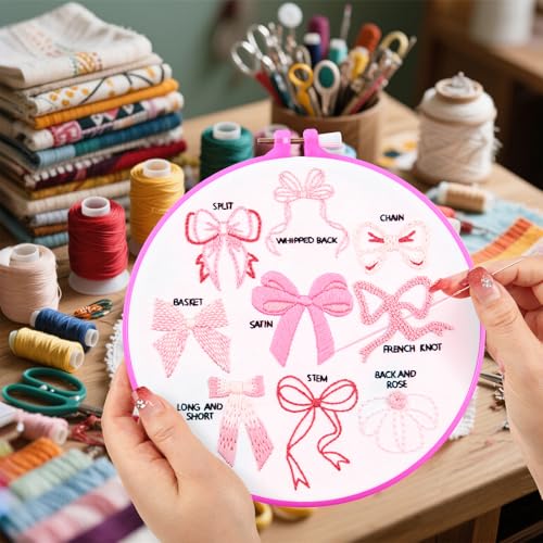Pink Bowknot Embroidery Kits for Beginners Adults, Cute Hand Embroidery Starter Kits, Counted Cross Stitch Kits for Beginners DIY Craft Kits for Adults Women, Embroidery Hoops, Thread & Video Tutorial - color: H2049