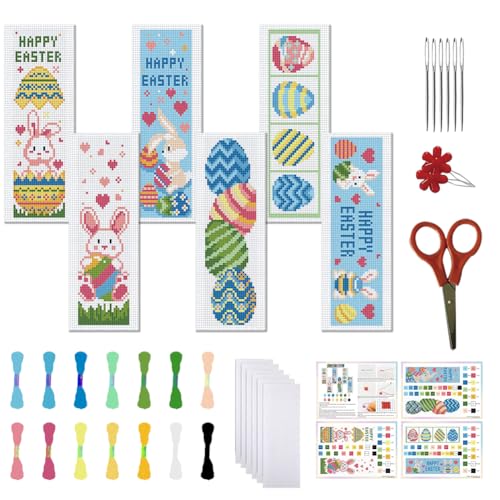 FREEBLOSS 6 Set Easter Cross Stitch Bookmark Kits Easter Eggs Pattern Stamped Cross Stitch Kit with Clear Instructions DIY Bookmarks Cross Stitch Kits Embroidery Bookmarks Kit for Adults Beginners - style: Easter Egg