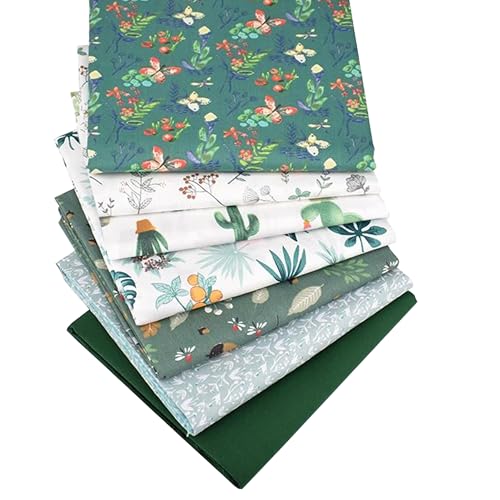 7pcs Green Floral Solid Printed 100% Cotton Quilting Fabric Fat Quarters Bundles 18 x 22 inch - Soft Cotton Squares for Quilting, Accessories, Upholstery, Crafts, and Quilt - color: Green