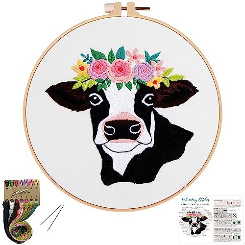 Louise Maelys Cow Beginners Embroidery Kits,Cross Stitch Starter kit for Adults with Embroidery Cloth Hoop Needles Instruction and Threads - color: Kit-16