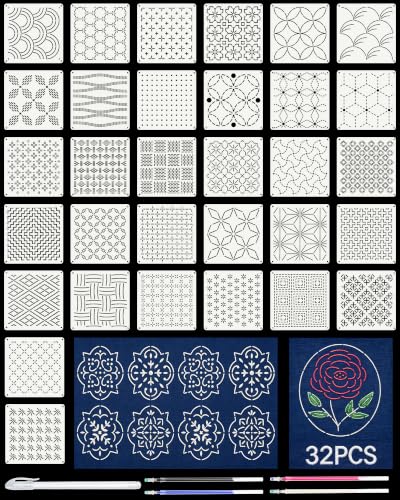 FIVEIZERO 32PCS Sashiko Stencils Kit,Sashiko Templates&4 Heat Erasable Pens - color: classic