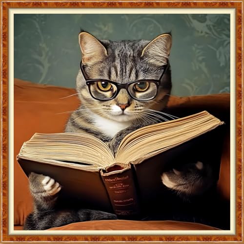 Funchey Counted Cross Stitch Kits for Adults Needlepoint Kits Unprinted Cross Stitching Embroidery Kit 11CT Cross Stitch Supplies-Cats Like to Read Books 18x18 inch - color: Artcolor07