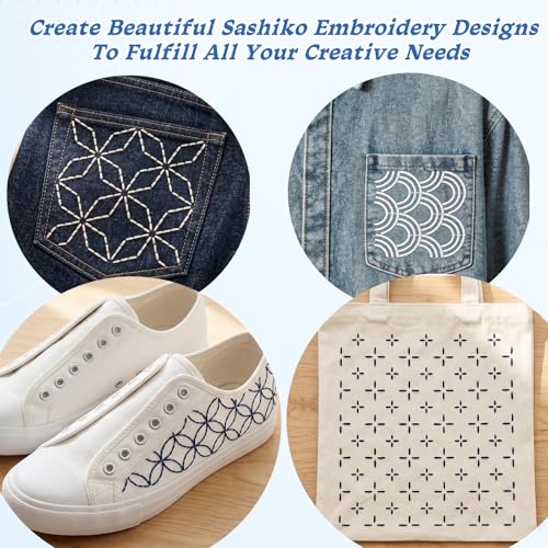 58 Pcs Sashiko Thread Kit with Plastic Sashiko Stencil, Thimble and Needles, Geometric Embroidery Pattern, Sashiko Template for Hand Quilting and Embroidery Projects Jeans Repair DIY Gift