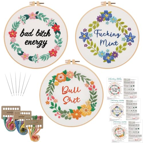 Louise Maelys 3 Pack Funny Quote Embroidery Kit for Beginners Floral - color: kit-18