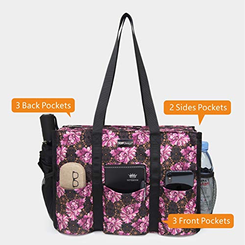 TOPDesign Utility Water Resistant Tote Bag with 13 Pockets, Zipper Closure - color: Baroque Carnation, size: Medium