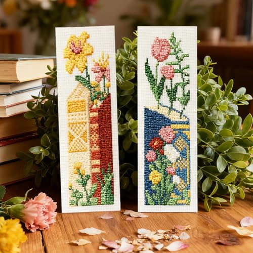 ACRNIGHEET 6PCS Stamped Cross Stitch Bookmark Kit for Beginners Flower 11CT - style: Book Flower Patterns