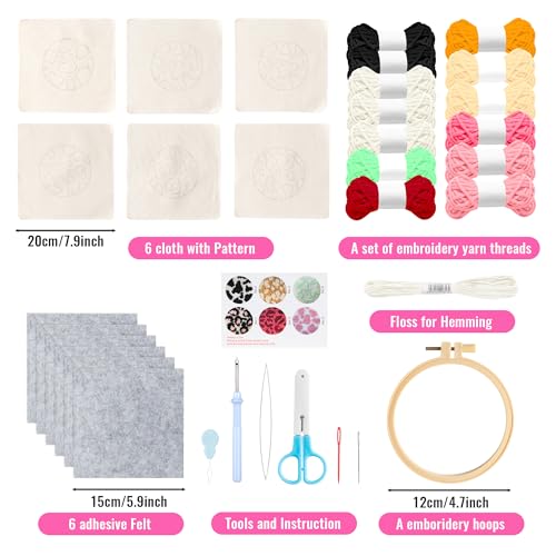 WATINC Spotted Punch Needle Coaster Kit - 22Pcs Crafts Punch Needle Coasters Kits for Beginners, 6 Colors Spotted Coaster Tufted Rug Pads with Adhesive Felt Yarns Embroidery Hoop Instruction