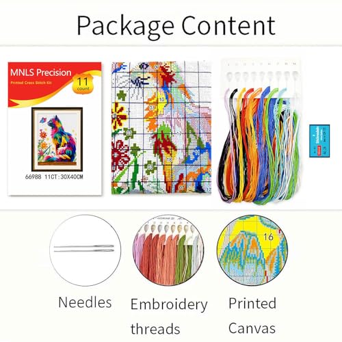 Zhenqing Playful Cat & Butterfly Cross Stitch Kit for Beginners - 11CT Printed 30x40cm Aida Cloth, Colorful Threads & Needle Included (No Hoop/Scissors) (66988) - color: Cat & Butterfly