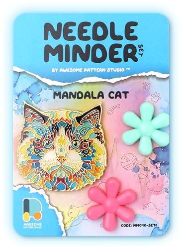 Awesome Pattern Studio Needle Minder Set - Mandala Cat Magnetic Needle Minder + 2 Needle Threaders. Enamel Pin for Cross Stitch, Embroidery and Craft