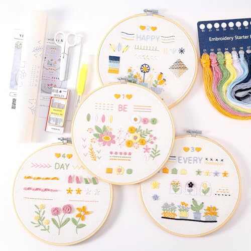 VIVIDOX 4 Sets Embroidery Kit for Beginners Adults, 25 Stitches Practice Kits Cross Stitch for Starter, DIY Hand Craft with Stamped Pattern, Bamboo Hoop, Threads, Scissors, Tools, Instruction - color: 25 Stitches Practice Kit (with 1 Hoop)