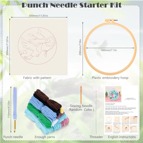 JSRQT Punch Needle Kit for Beginners, Handmade Punch Needle Embroidery Starter Kit for Adult Kids with Bird Pattern, DIY Craft Cross Stitch Rug Beginners Kit with Tool for Home Decor