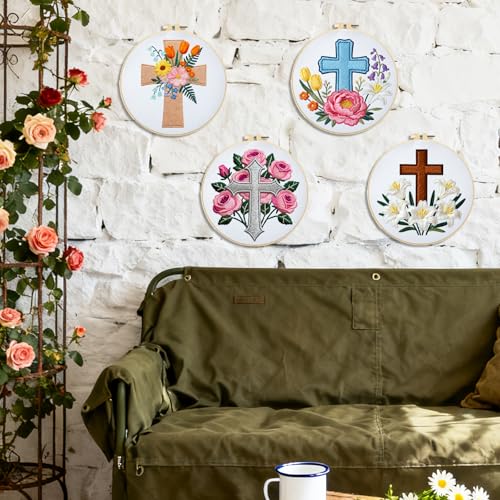 BEUNITONE 4Set Cross and Flowers Pattern Embroidery Kit for Adult Beginners - style: D-Cross Flower