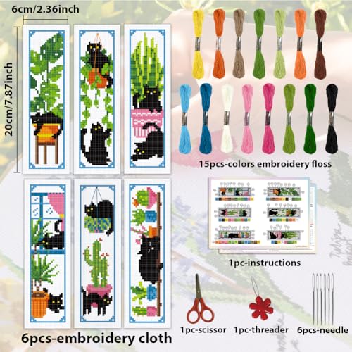 ACRNIGHEET 6PCS Cross Stitch Bookmark Kits Cute Cat and Plants Pattern Stamped Cross Stitch Kits for Beginners Adults DIY Stamped Embroidery Bookmarks with Instructions Hand Embroidery Craft Gift 11CT - style: Black cat and plant patterns