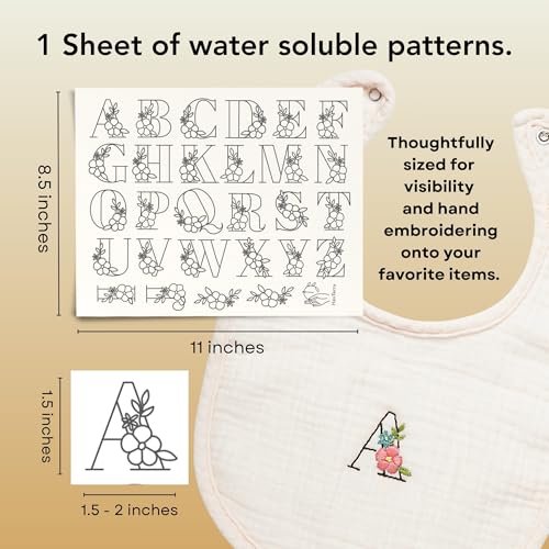 Stick and Stitch Embroidery Patterns, Floral/Alphabet Designs, Water Soluble Embroidery Stabilizer Transfer Paper, Beginner Hand Embroidery Kit for Gifts (Floral Alphabet) - color: Floral Alphabet