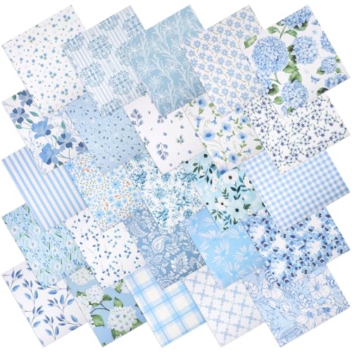 25 Pcs Blue Quilting Fabric Squares 10 x 10 Inch Cotton Precut - color: Blue Floral