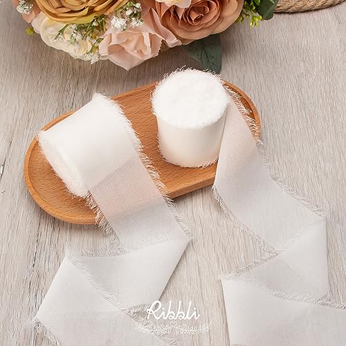 Ribbli White Chiffon Ribbon 2 Inch x 20 Yard Handmade Fringe Chiffon Silk Ribbon White Ribbon for Gifts Wrapping, Wedding Invitations, Bridal Bouquets, Flower Arrangement (Pack of 2) - color: White, size: 2 inches (Pack of 2)