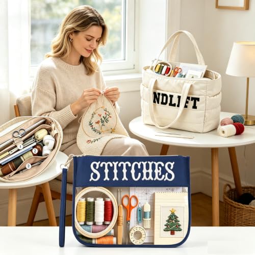 RF REENFAYA Needlepoint Tote Bag & Clear Zipper Pouch—Puffy Craft Organizer - color: Beige/Navy