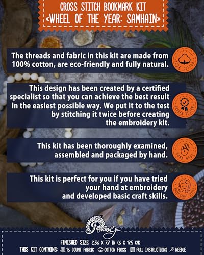 Povitrulya Cross Stitch Bookmark Kit Wheel of the Year: Samhain – Counted DIY Embroidery Set for Adults & Beginners, Witchy Pagan Wiccan Celtic Norse Needlework Gift - color: Samhain