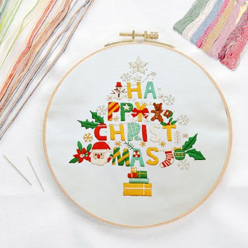 Canvas Tote Bag Embroidery Kit with Pattern for Beginners, Arts and DIY Embroidery Crafts Kits for Adults, Instructions, Thimble, Embroidery Hoops, Color Threads (Beige, CR002 Christmas Tree) - color: CR002 Christmas tree