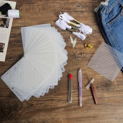 70 Pcs Sashiko Stencil Kit Plastic Sashiko Embroidery with Threads