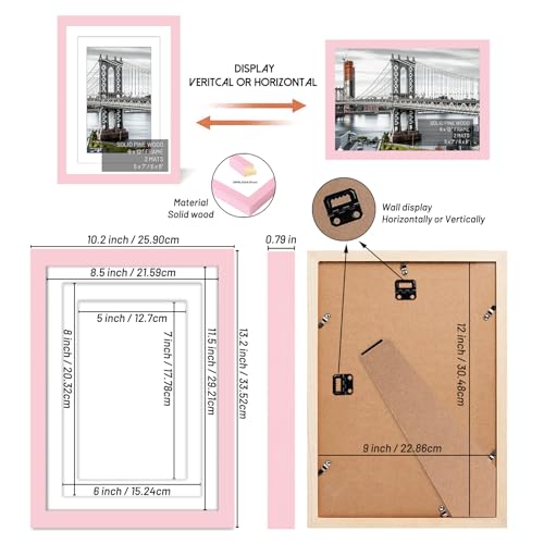 9x12 Picture Frames Solid Wood Display Pictures 6x8 or 5x7, 9x12 Frame Poster Photo Frame Art with 2 Mats for Wall Mounting or Table Top (Pink) - color: Pink, size: 9x12 inch