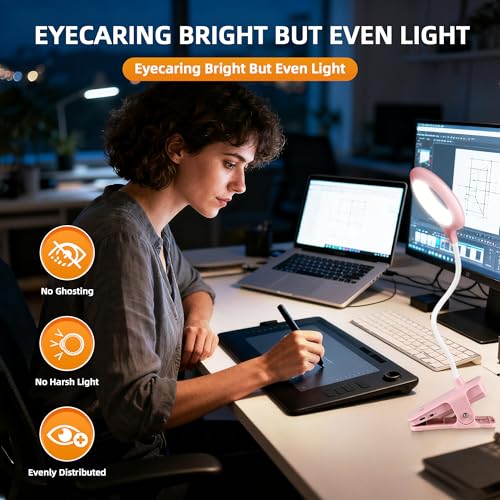 Akynite Clip on Light LED Desk Lamp 5 Brightness+5 Colors Rechargeable Lamp - color: Pink