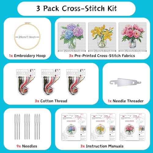 TCDZMYGS 3 Pack Stamped Cross Stitch Kits for Beginners-Flower,with Hoop - color: Flower-1