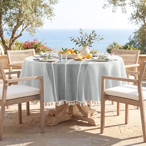 Softalker Outdoor Linen Round Tablecloth with Tassel, 55 x 55 Inch - color: Grey Lines, size: 55" (Round)