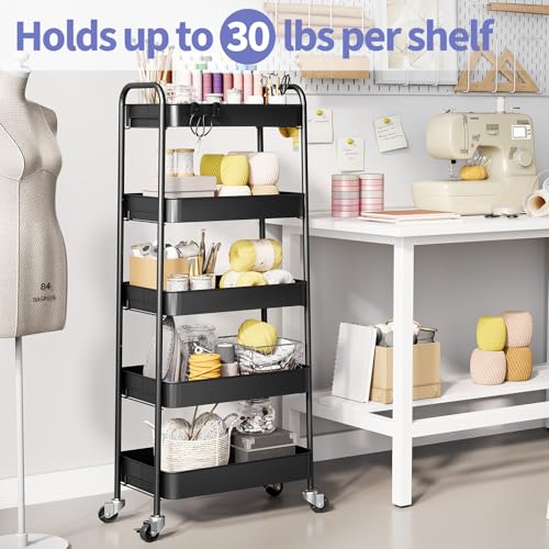 TOOLF 5-Tier Metal Rolling Cart with Wheels, Storage Utility Cart Black - color: Black, size: 5-Tier