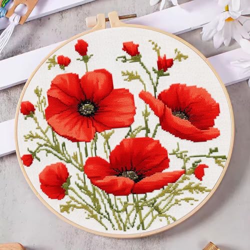 DIY Cross Stitch Kits Red Poppy Flower with Hoop 20x20cm-3