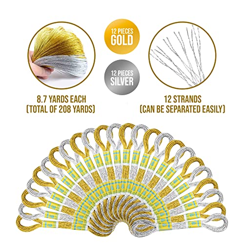 Metallic Embroidery Thread, 12 Gold and 12 Silver Cotton Skeins - color: Gold-Silver Floss