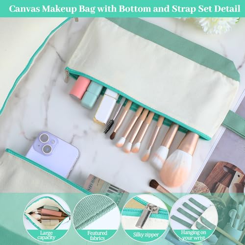 Silkfly 15 Pcs Cotton Canvas Makeup Bags Cosmetic Zipper Bags 10.2 x 5.5 x 2'' Blank DIY Pouch Bulk Pencil Case with Bottom Travel Toiletry Pouch for Women Craft Decor Gift (Beige and Green) - color: Beige and Green