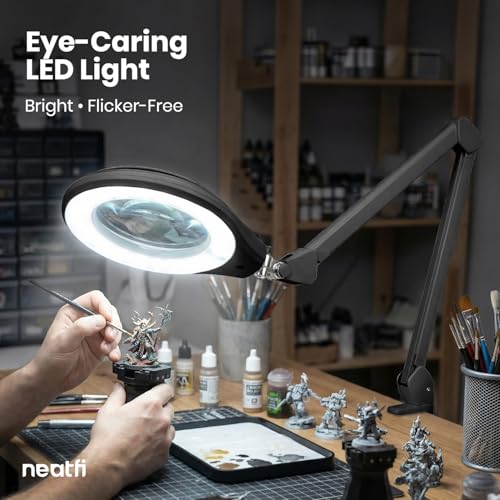 Neatfi Elite Super LED Magnifying Lamp with Clamp – 6” Glass Lens, 5D/12D Bifocal, 6500K Daylight | Glare-Free, Nonpolar Dimming | Reading, Crafting & Precision Work (6 Inch Lens, Black) - color: Black, size: 6 Inch Lens