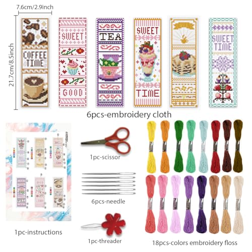 BEUNITONE 6 Pcs Cross Stitch Bookmark Kit for Beginner Coffee and Sweet Time Theme Hand Embroidery Kit with Instruction Tea Stamped Embroidery Bookmarks Handmade for DIY Crafts Book Lovers 8.5''x3'' - style: Afternoon Tea