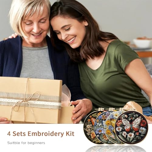 LB 4 Pack Colorful Butterfly Embroidery Kit for Beginners Nature Flower Beginner Embroidery Kit for Adults DIY Starter Kit with Embroidery Hoop Colorful Threads Tools Step by Step Instructions - color: Blue