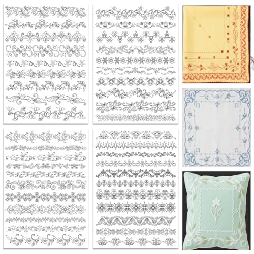 ORIGACH 4 Sheets Water Soluble Embroidery Patterns Stabilizers - Pre-Printed Borders Designs - Stick & Stitch Embroidery Paper for Hand Sewing Lovers - color: Borders